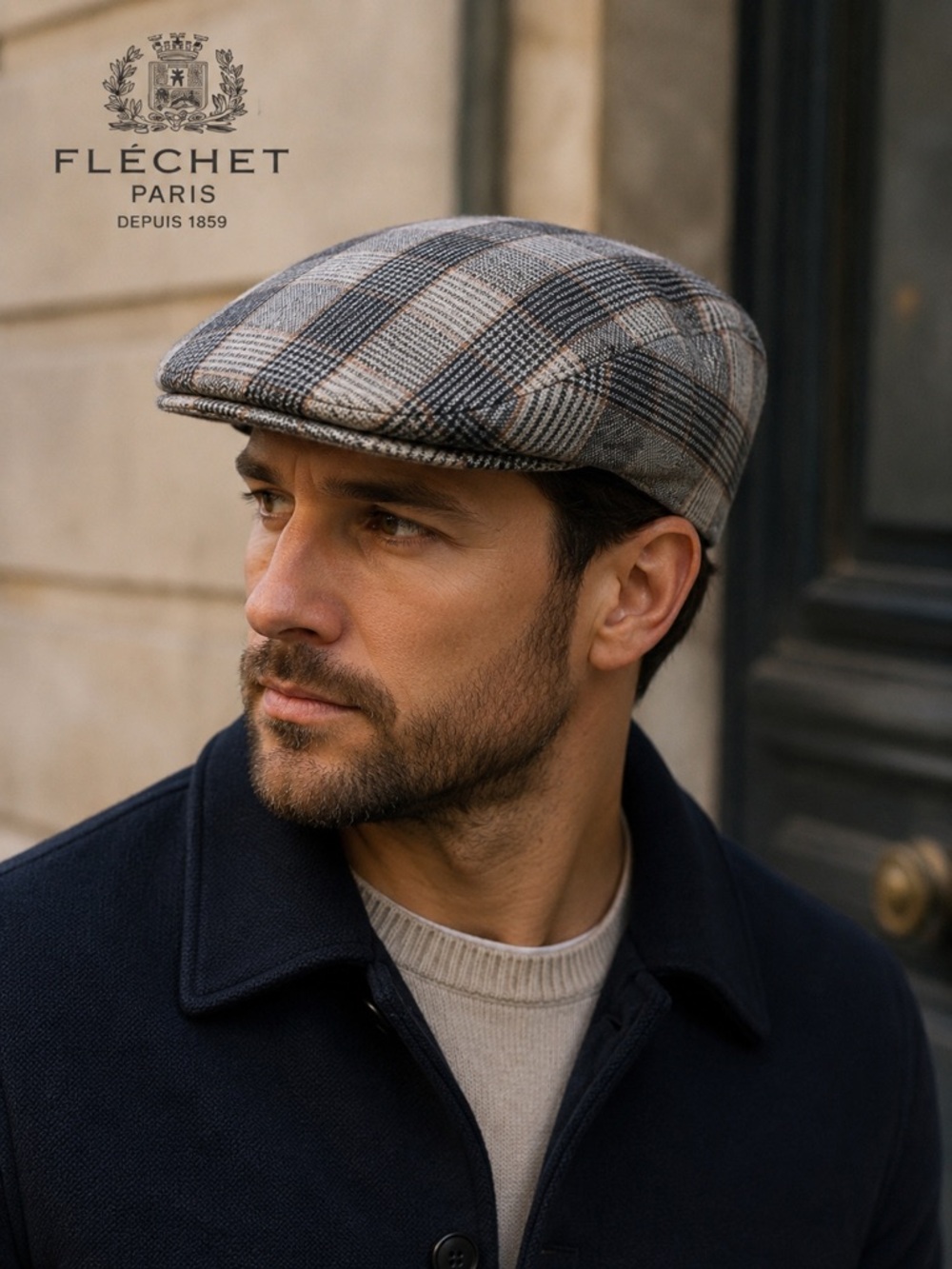 Fléchet Paris Harris Tweed Flat Cap 56cm Gray Plaid Made in France USA Size 7